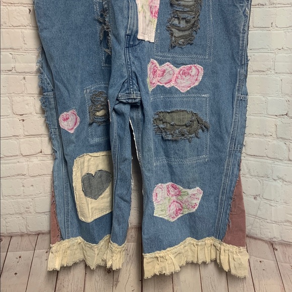 Vtg Upcycled Patchwork Denim Crop Ruffle Overalls Floral  Cottagecore  XL - Picture 2 of 10